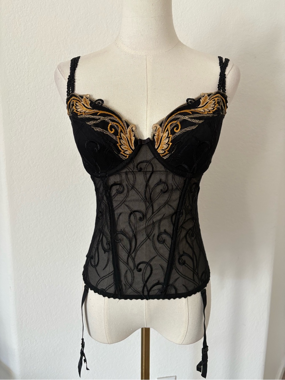 Black Sheer Embroidered Bustier with Gold Accents
